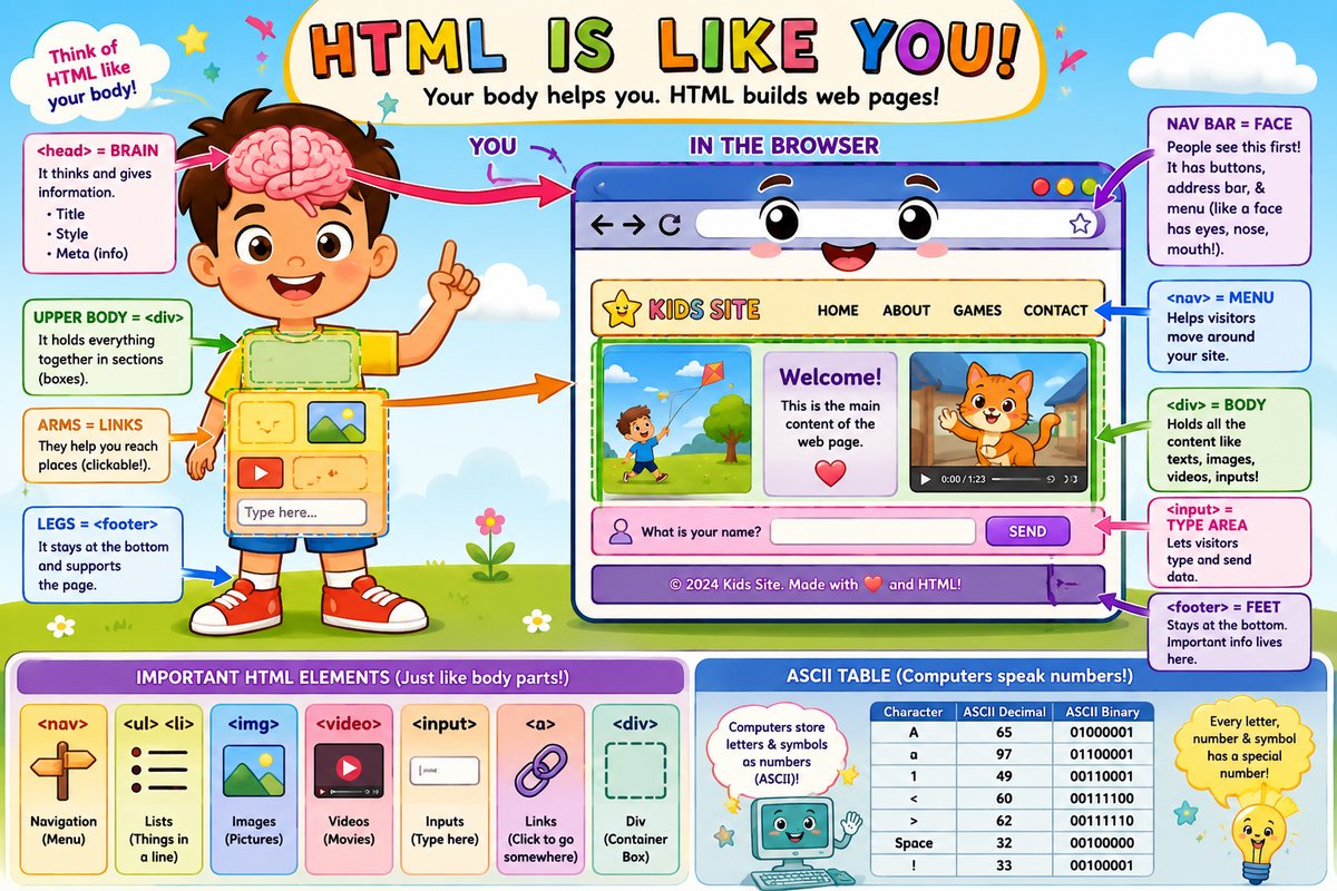 Colorful poster showing how HTML is like the human body: the head is the head tag holding the title and styles, the upper body is a div holding content, the legs are the footer, and the browser's face is the nav bar. Includes an ASCII table showing A equals 65, less-than equals 60, and greater-than equals 62.